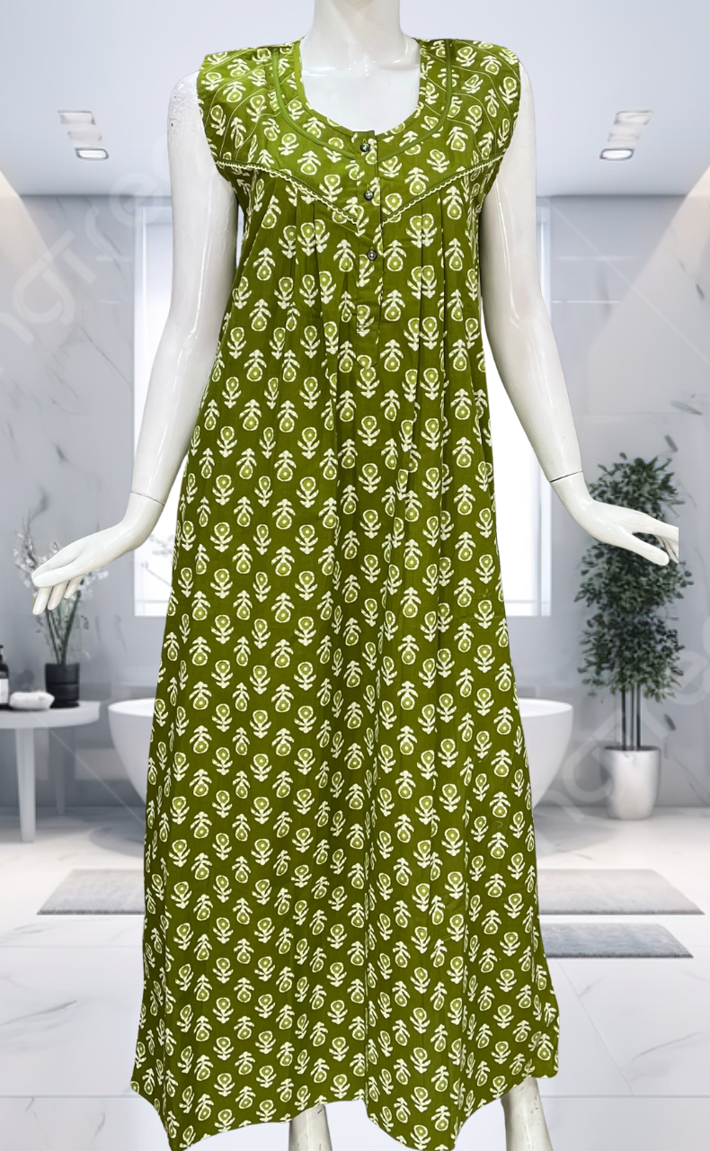 Green Batik Pure Cotton Sleeveless Nighty. Pure Durable Cotton | Laces and Frills