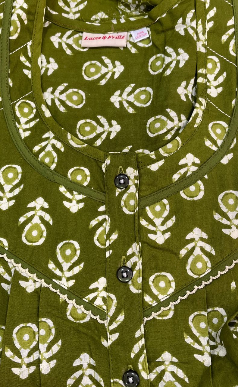 Green Batik Pure Cotton Sleeveless Nighty. Pure Durable Cotton | Laces and Frills