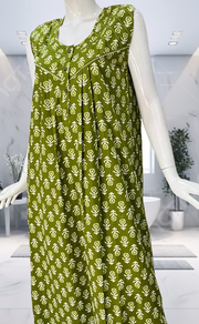 Green Batik Pure Cotton Sleeveless Nighty. Pure Durable Cotton | Laces and Frills