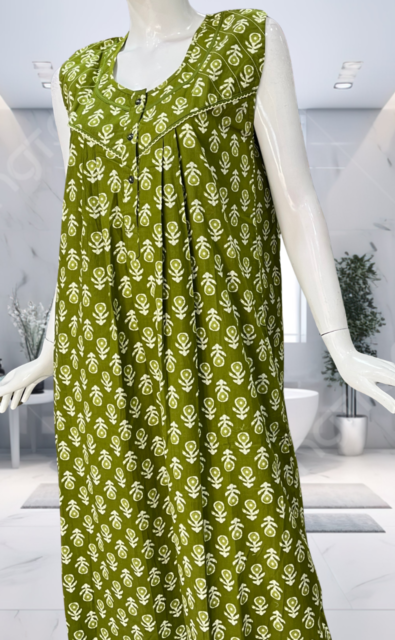 Green Batik Pure Cotton Sleeveless Nighty. Pure Durable Cotton | Laces and Frills
