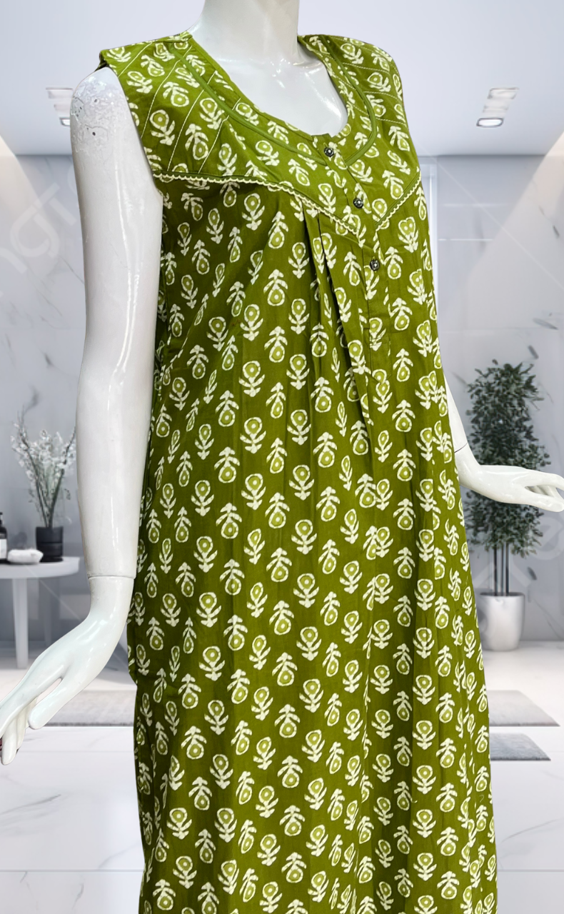Green Batik Pure Cotton Sleeveless Nighty. Pure Durable Cotton | Laces and Frills