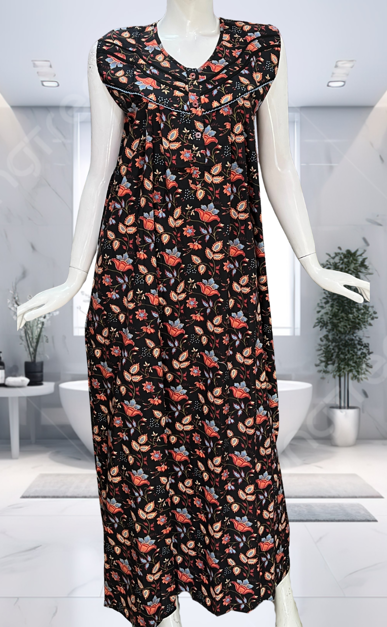 Black Garden Pure Cotton Sleeveless Nighty. Pure Durable Cotton | Laces and Frills