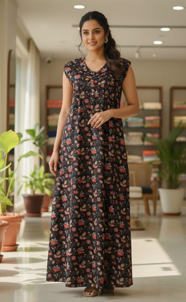 Black Garden Pure Cotton Sleeveless Nighty. Pure Durable Cotton | Laces and Frills