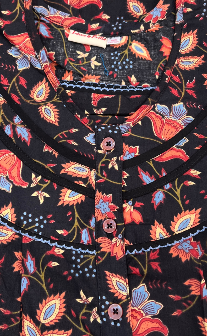 Black Garden Pure Cotton Sleeveless Nighty. Pure Durable Cotton | Laces and Frills