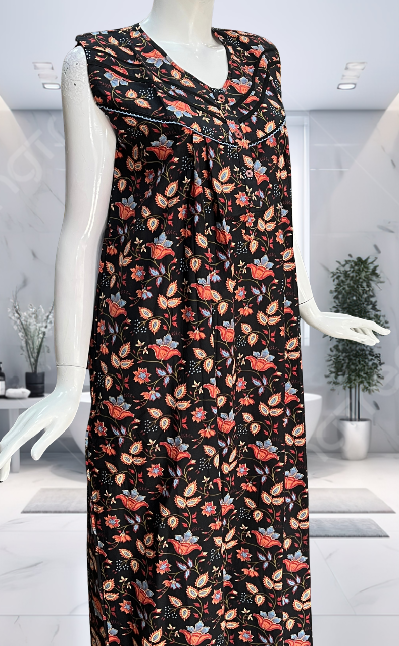 Black Garden Pure Cotton Sleeveless Nighty. Pure Durable Cotton | Laces and Frills