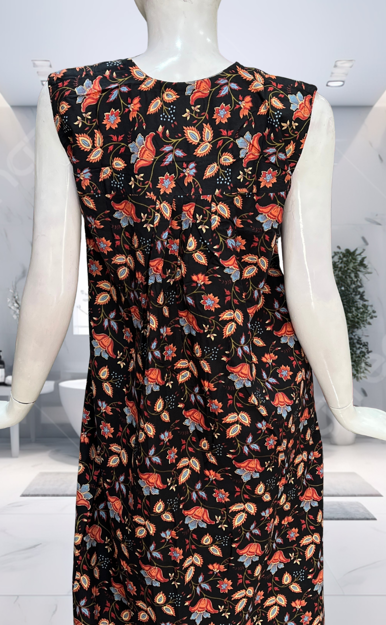 Black Garden Pure Cotton Sleeveless Nighty. Pure Durable Cotton | Laces and Frills