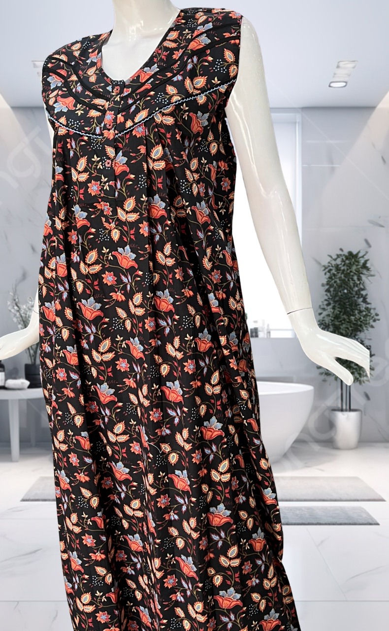 Black Garden Pure Cotton Sleeveless Nighty. Pure Durable Cotton | Laces and Frills