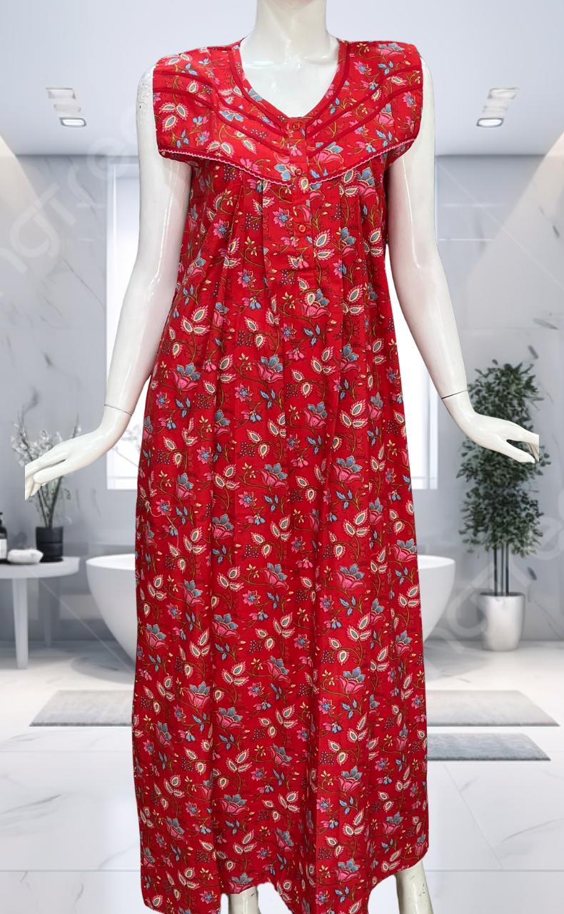 Red Garden Pure Cotton Sleeveless Nighty. Pure Durable Cotton | Laces and Frills