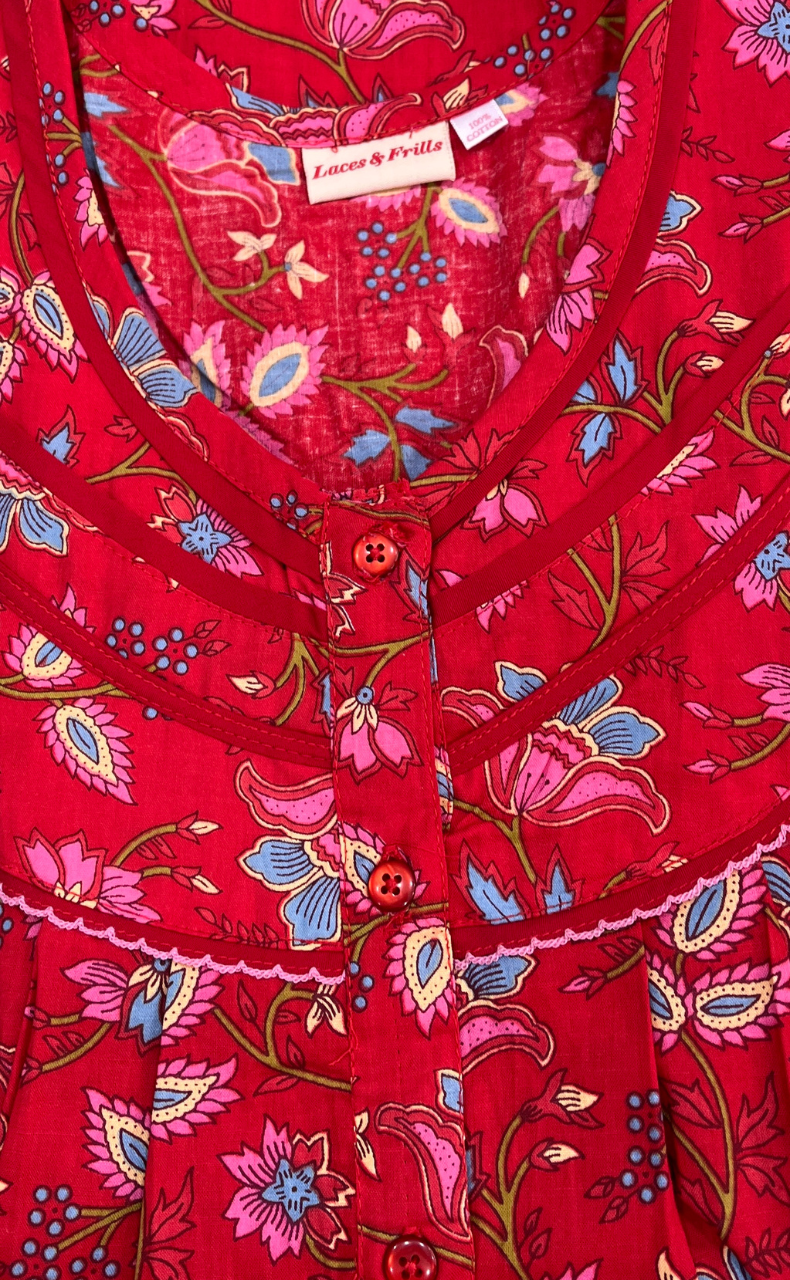 Red Garden Pure Cotton Sleeveless Nighty. Pure Durable Cotton | Laces and Frills