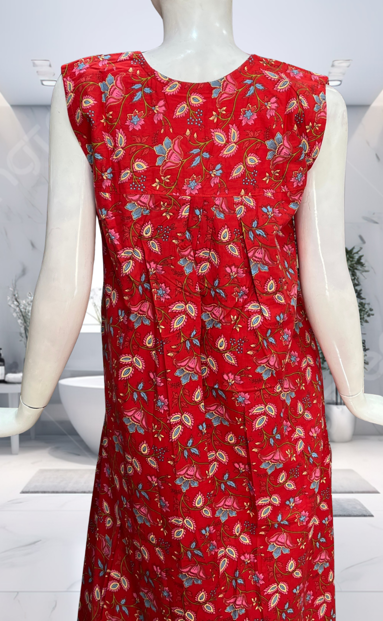 Red Garden Pure Cotton Sleeveless Nighty. Pure Durable Cotton | Laces and Frills