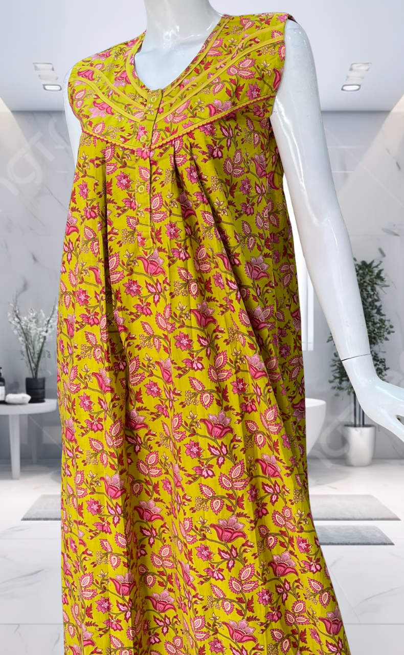 Yellow Garden Pure Cotton Sleeveless Nighty. Pure Durable Cotton | Laces and Frills