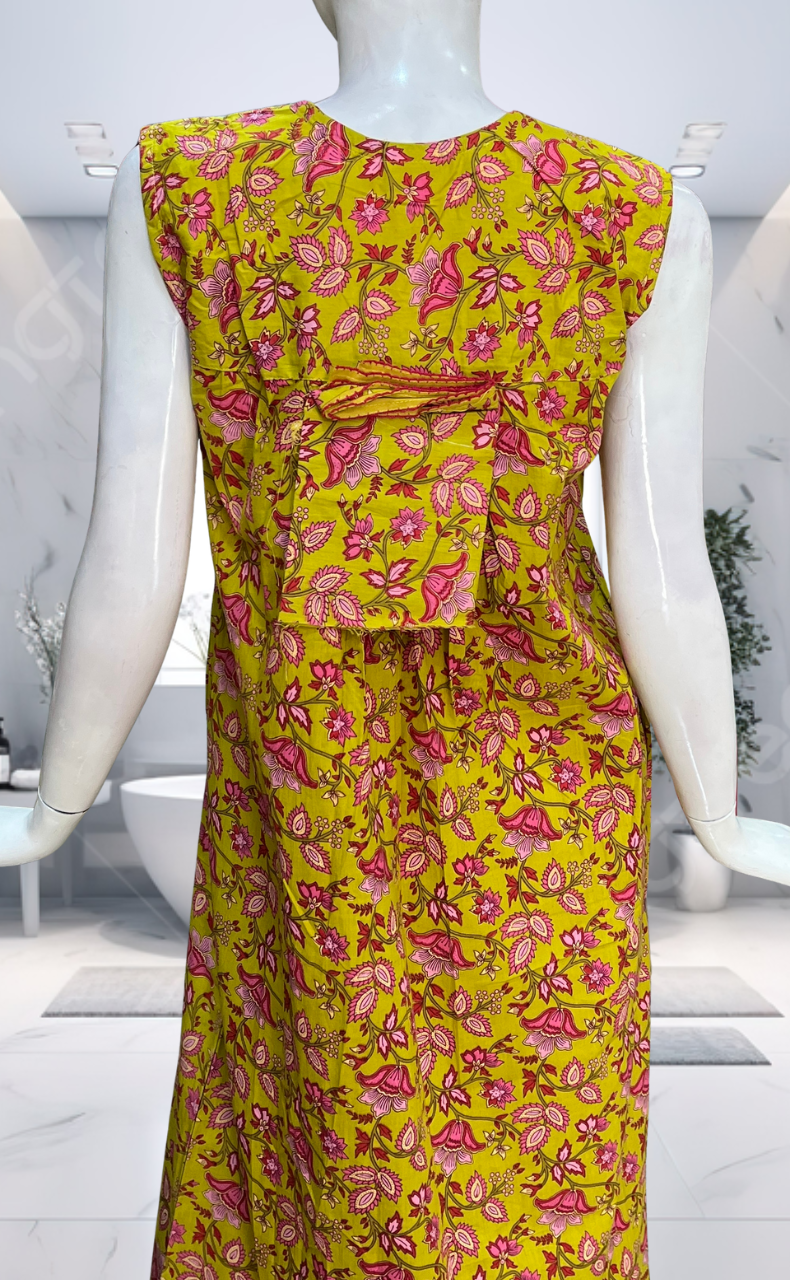 Yellow Garden Pure Cotton Sleeveless Nighty. Pure Durable Cotton | Laces and Frills