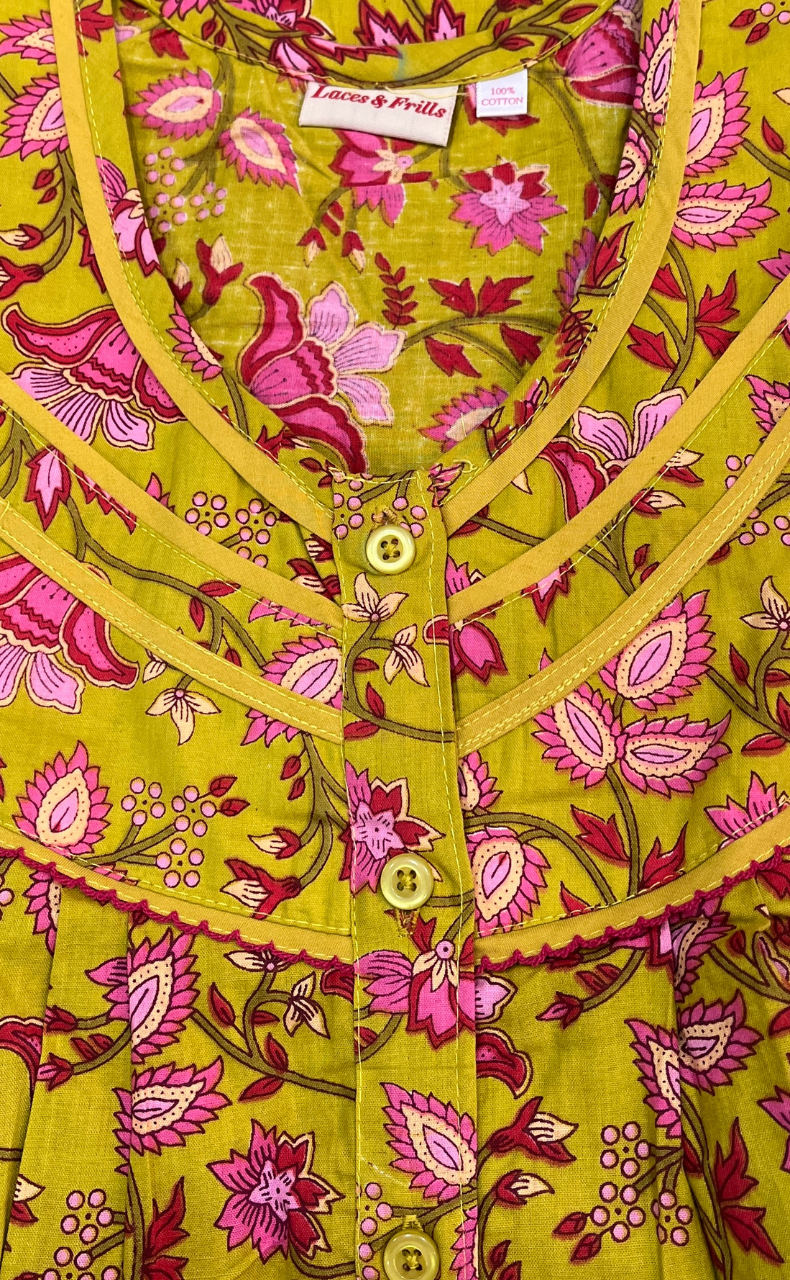 Yellow Garden Pure Cotton Sleeveless Nighty. Pure Durable Cotton | Laces and Frills