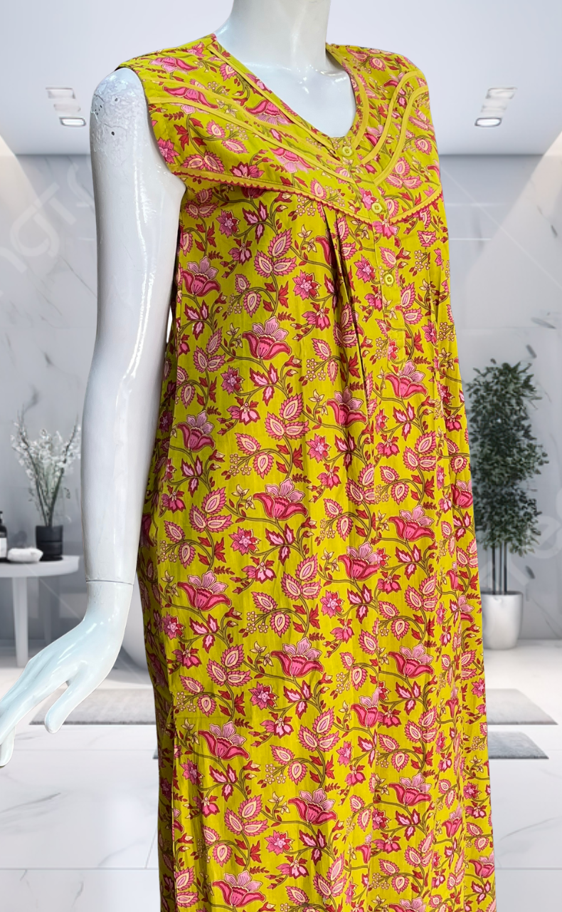 Yellow Garden Pure Cotton Sleeveless Nighty. Pure Durable Cotton | Laces and Frills