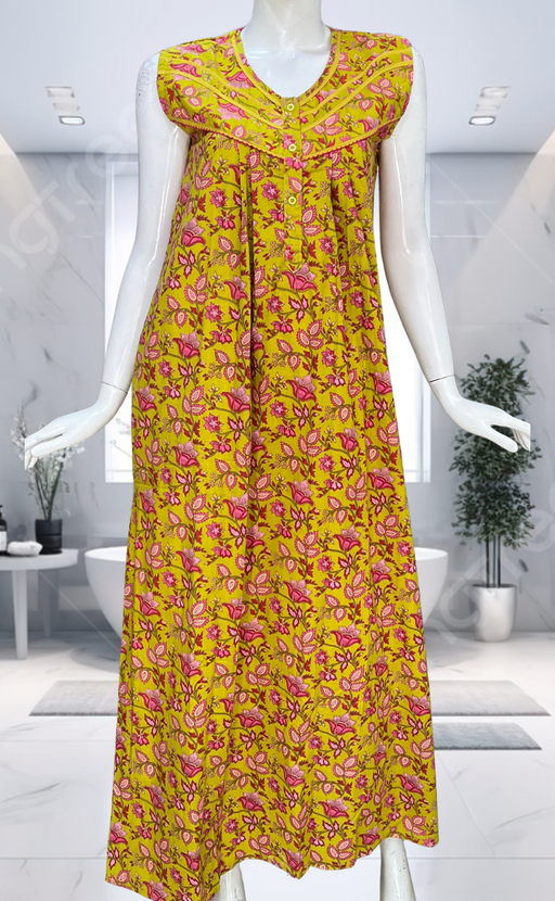 Yellow Garden Pure Cotton Sleeveless Nighty. Pure Durable Cotton | Laces and Frills