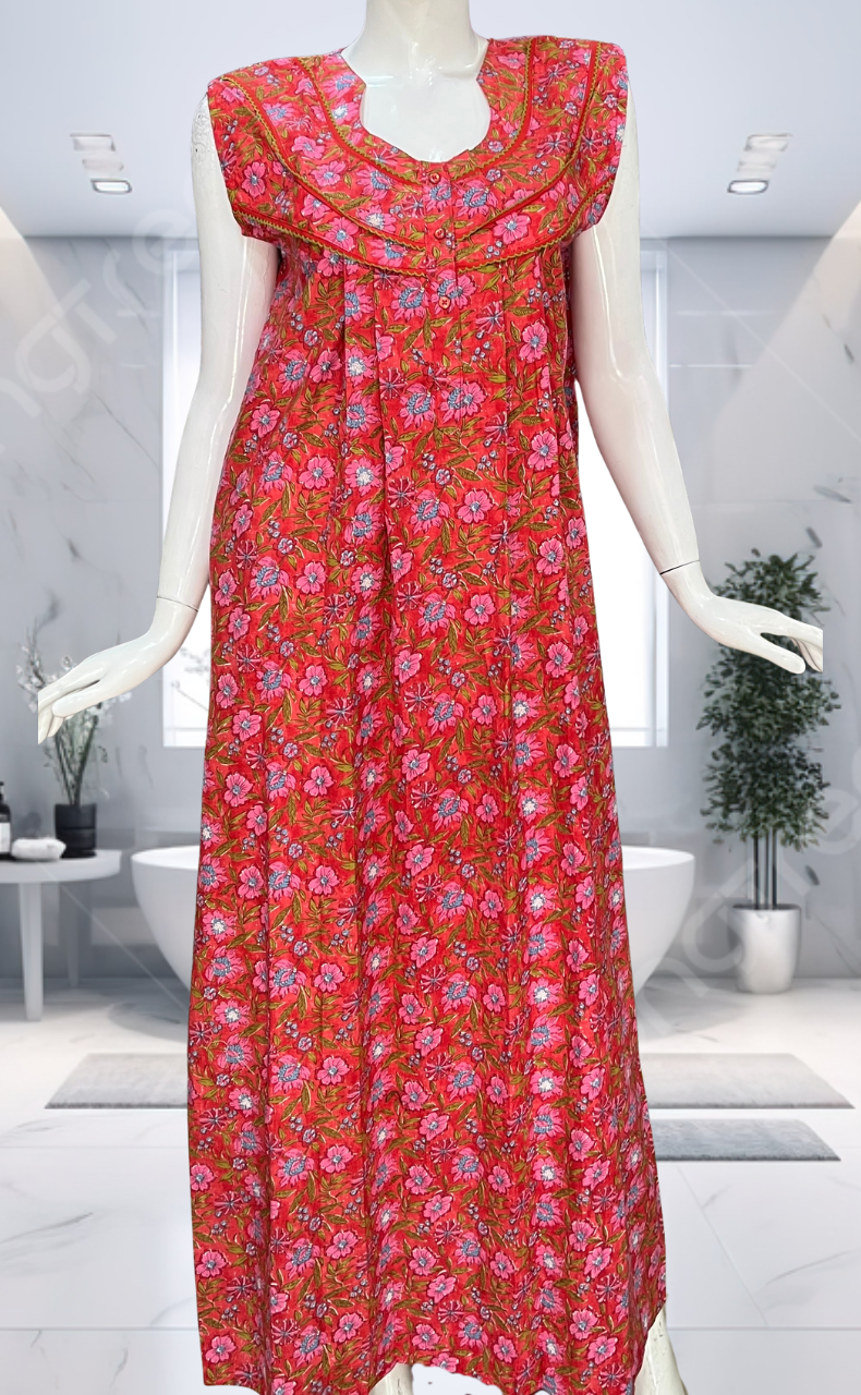 Red Garden Pure Cotton Sleeveless Nighty. Pure Durable Cotton | Laces and Frills