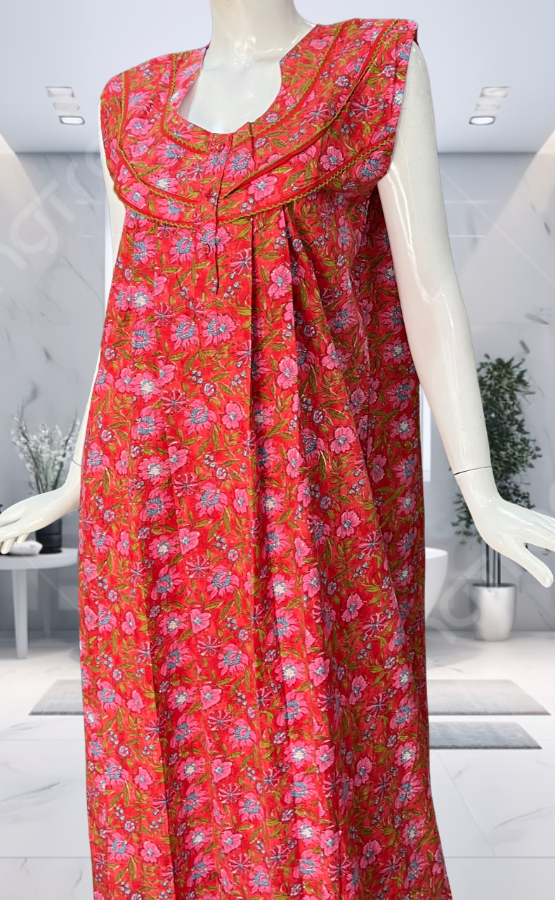 Red Garden Pure Cotton Sleeveless Nighty. Pure Durable Cotton | Laces and Frills