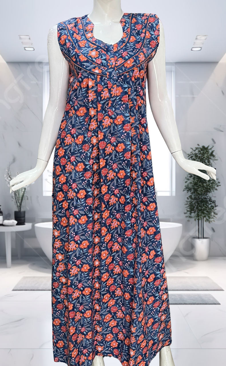 Blue Garden Pure Cotton Sleeveless Nighty. Pure Durable Cotton | Laces and Frills