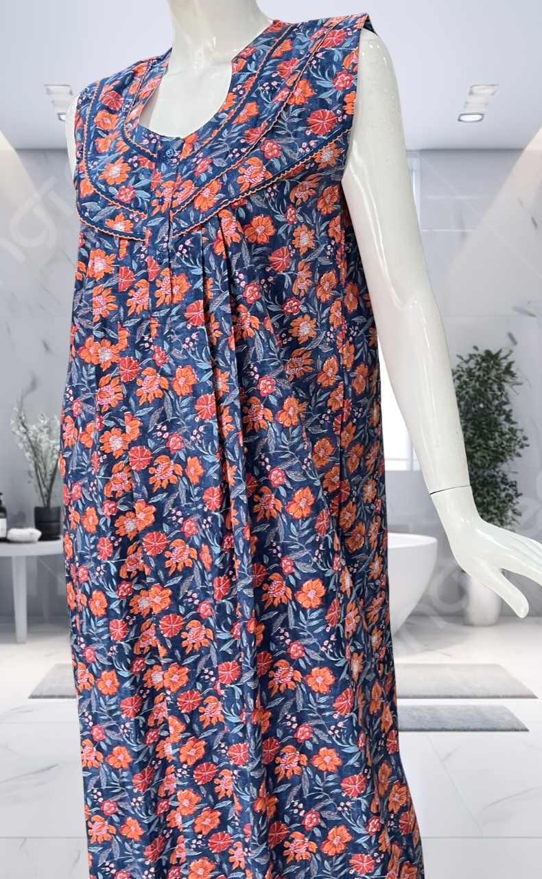 Blue Garden Pure Cotton Sleeveless Nighty. Pure Durable Cotton | Laces and Frills