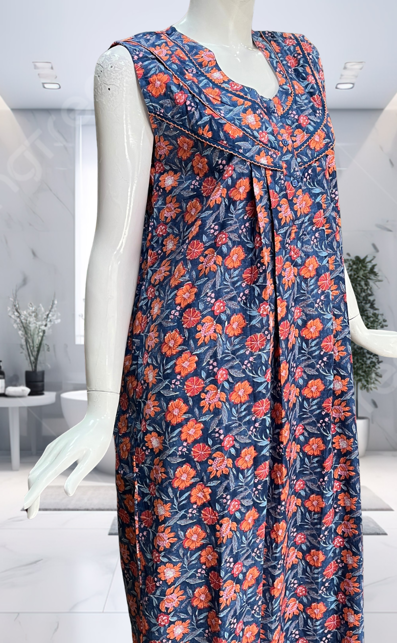 Blue Garden Pure Cotton Sleeveless Nighty. Pure Durable Cotton | Laces and Frills