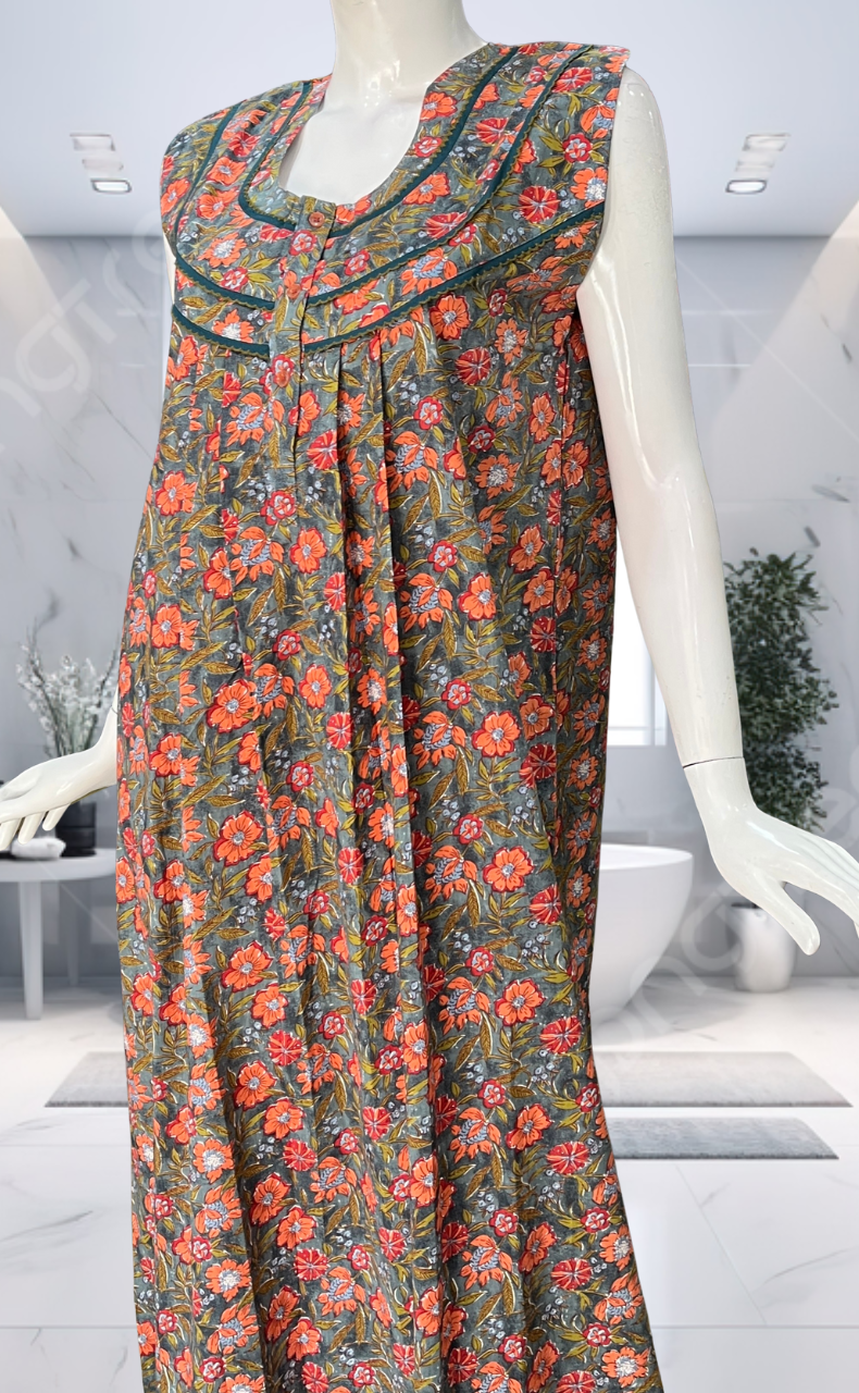 Grey Garden Pure Cotton Sleeveless Nighty. Pure Durable Cotton | Laces and Frills