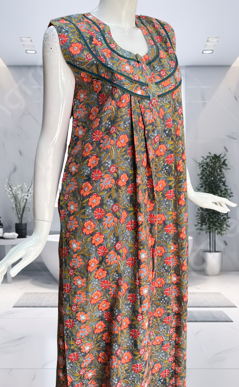 Grey Garden Pure Cotton Sleeveless Nighty. Pure Durable Cotton | Laces and Frills