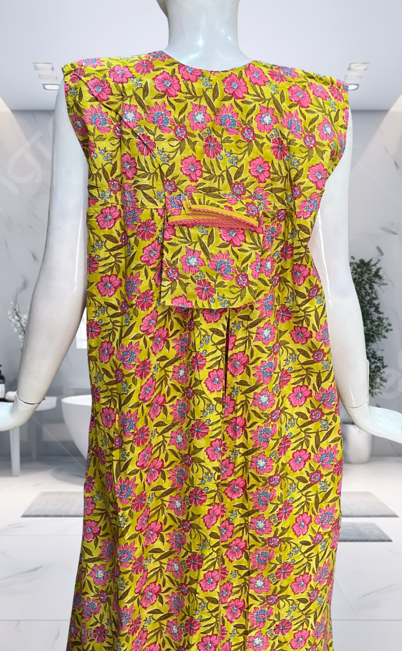 Yellow Garden Pure Cotton Sleeveless Nighty. Pure Durable Cotton | Laces and Frills