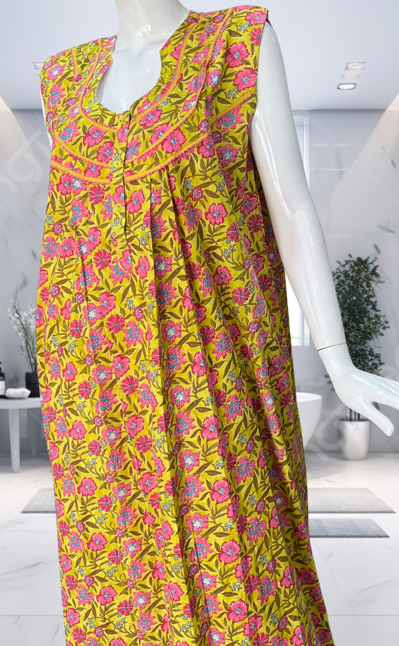 Yellow Garden Pure Cotton Sleeveless Nighty. Pure Durable Cotton | Laces and Frills
