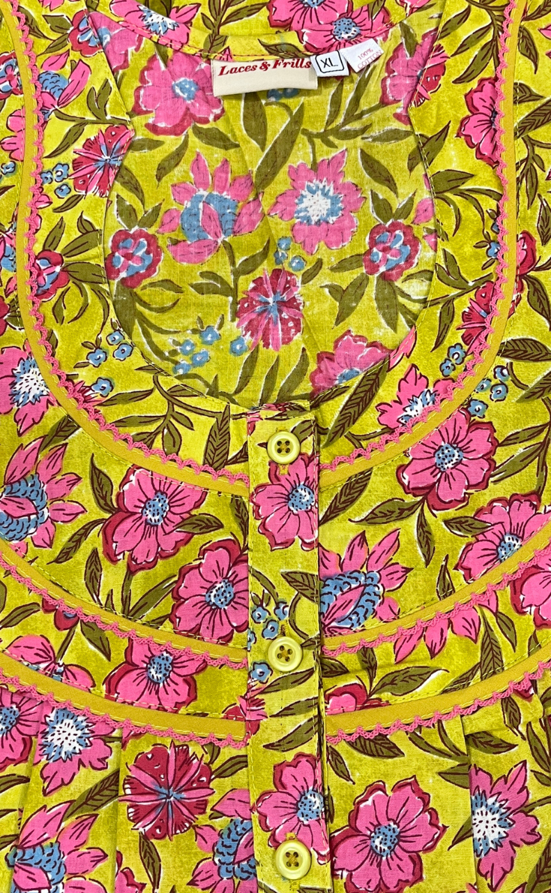 Yellow Garden Pure Cotton Sleeveless Nighty. Pure Durable Cotton | Laces and Frills - Laces and Frills