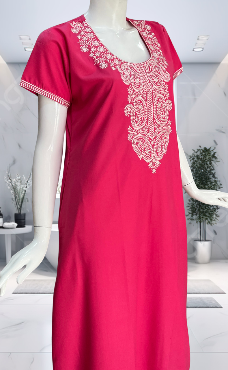 Pink Embroidery Spun Nighty. Flowy Spun Fabric | Laces and Frills