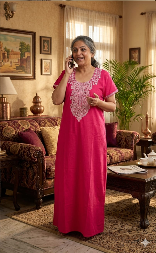 Pink Embroidery Spun Nighty. Flowy Spun Fabric | Laces and Frills - Laces and Frills
