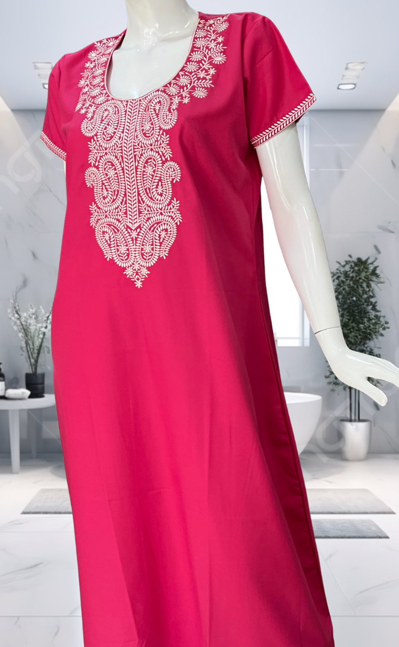 Pink Embroidery Spun Nighty. Flowy Spun Fabric | Laces and Frills