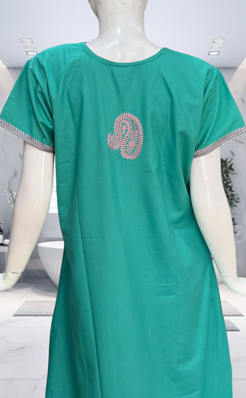 Sea Green Embroidery Spun Nighty. Flowy Spun Fabric | Laces and Frills