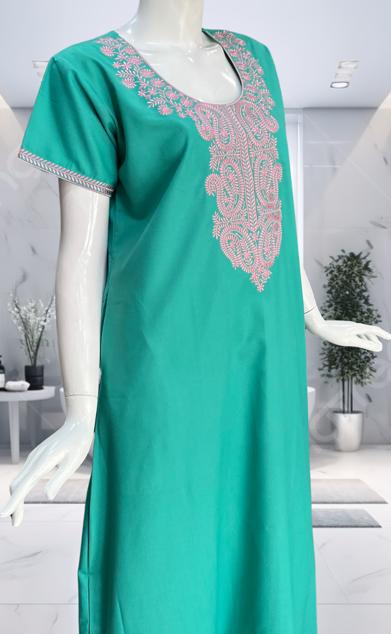 Sea Green Embroidery Spun Nighty. Flowy Spun Fabric | Laces and Frills