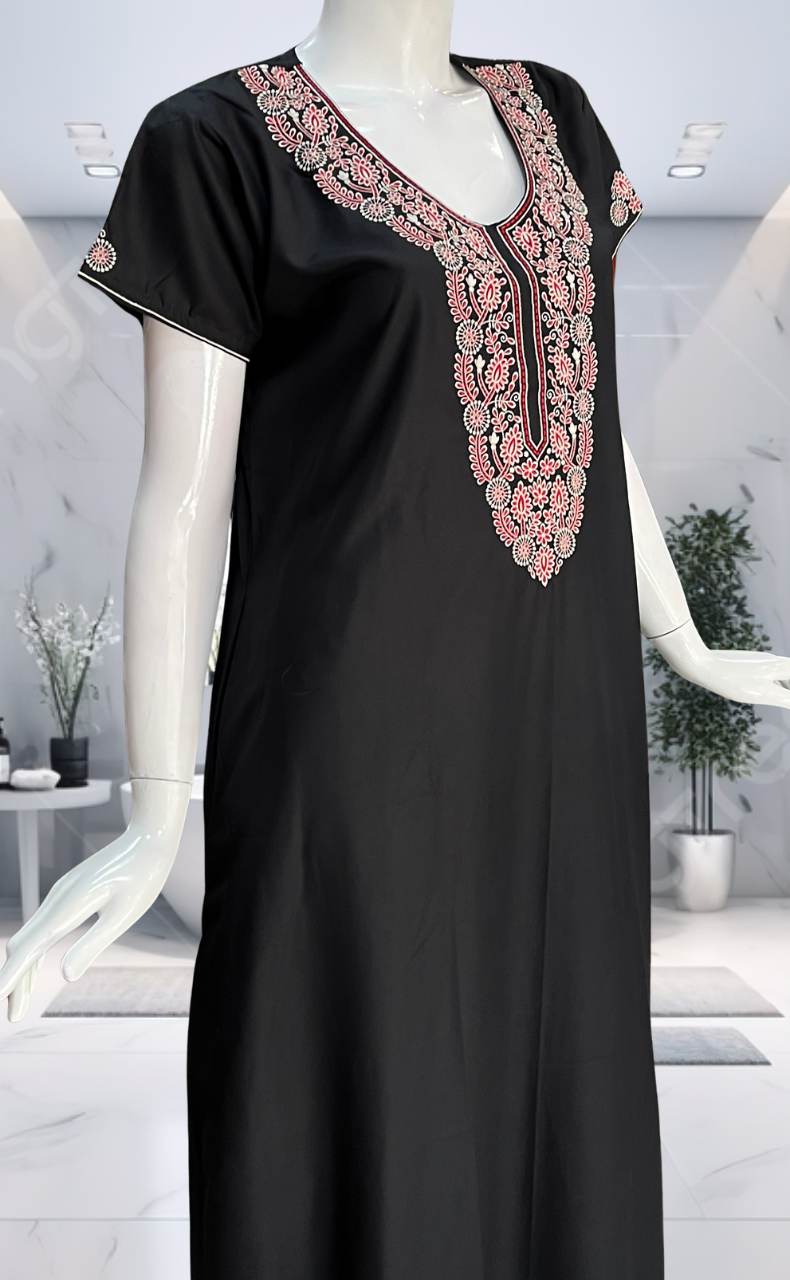Black Embroidery Soft Cotton Nighty. Soft Breathable Fabric | Laces and Frills
