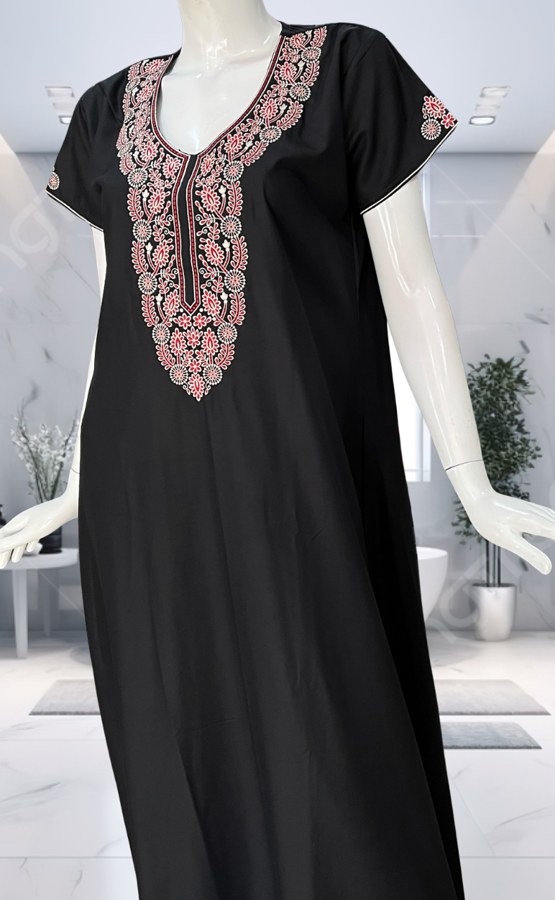Black Embroidery Soft Cotton Nighty. Soft Breathable Fabric | Laces and Frills