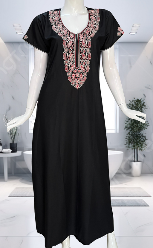Black Embroidery Soft Cotton Nighty. Soft Breathable Fabric | Laces and Frills