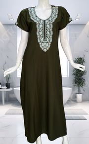 Olive Green Embroidery Soft Cotton Nighty. Soft Breathable Fabric | Laces and Frills