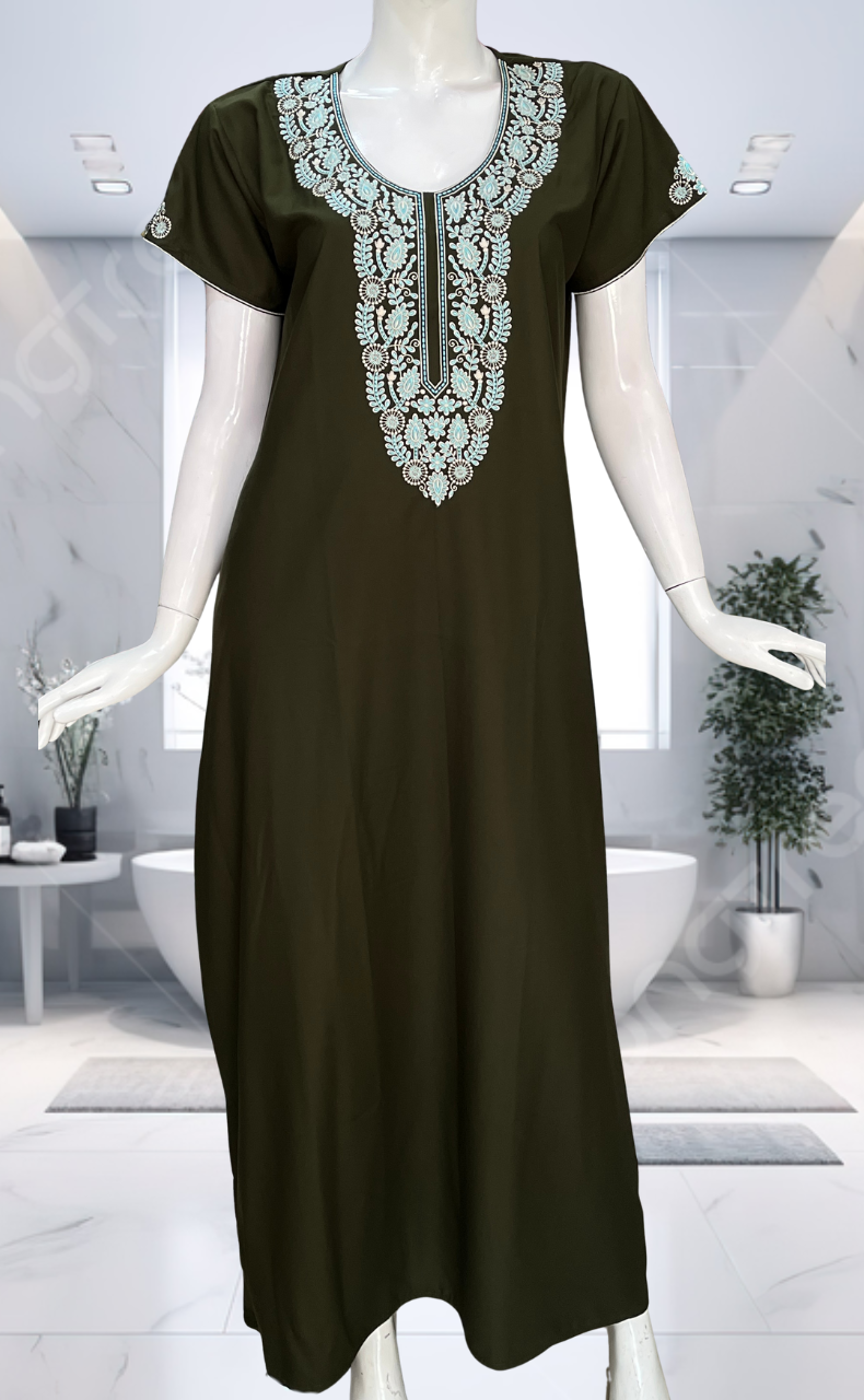 Olive Green Embroidery Soft Cotton Nighty. Soft Breathable Fabric | Laces and Frills