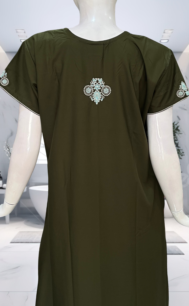 Olive Green Embroidery Soft Cotton Nighty. Soft Breathable Fabric | Laces and Frills