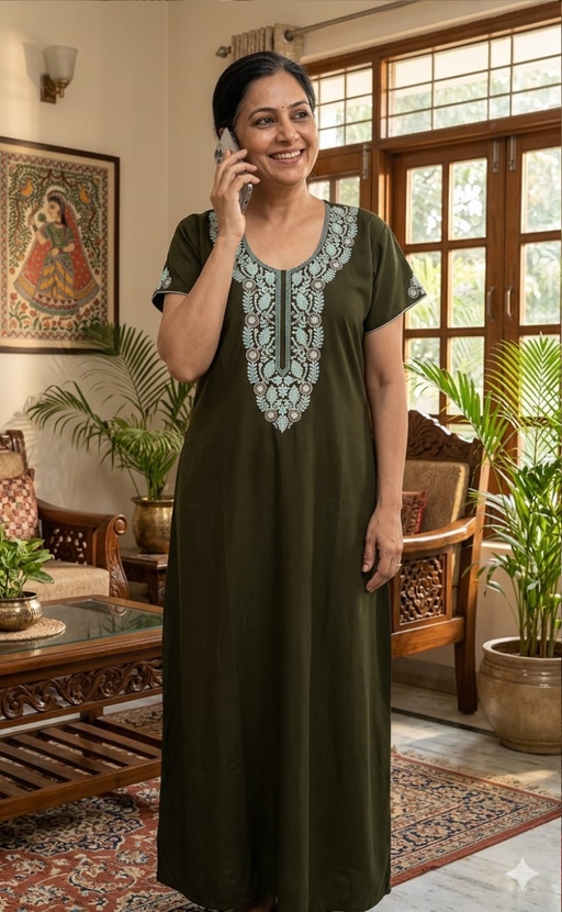 Olive Green Embroidery Soft Cotton Nighty. Soft Breathable Fabric | Laces and Frills - Laces and Frills