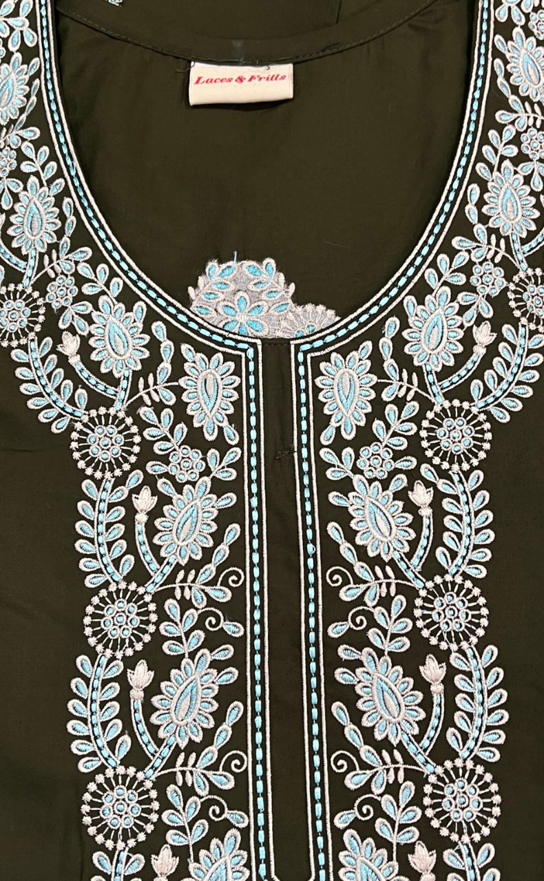 Olive Green Embroidery Soft Cotton Nighty. Soft Breathable Fabric | Laces and Frills