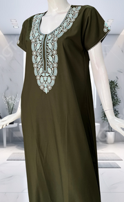 Olive Green Embroidery Soft Cotton Nighty. Soft Breathable Fabric | Laces and Frills