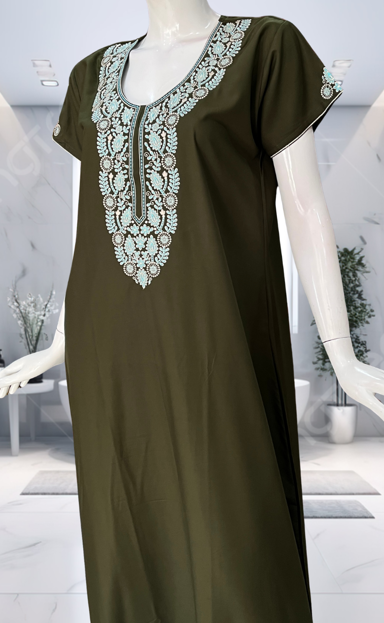 Olive Green Embroidery Soft Cotton Nighty. Soft Breathable Fabric | Laces and Frills