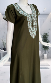 Olive Green Embroidery Soft Cotton Nighty. Soft Breathable Fabric | Laces and Frills