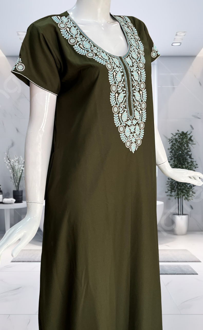Olive Green Embroidery Soft Cotton Nighty. Soft Breathable Fabric | Laces and Frills