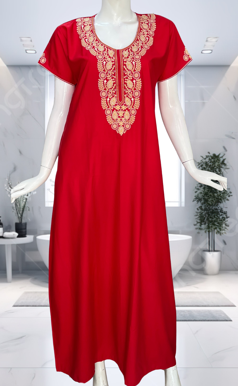 Red Embroidery Soft Cotton Nighty. Soft Breathable Fabric | Laces and Frills - Laces and Frills
