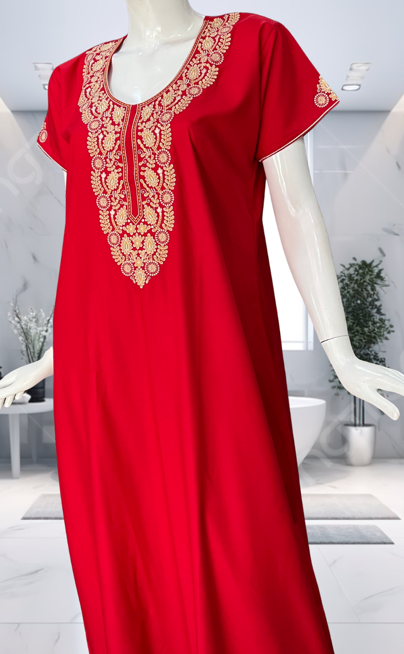 Red Embroidery Soft Cotton Nighty. Soft Breathable Fabric | Laces and Frills - Laces and Frills