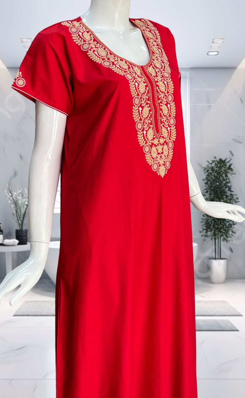 Red Embroidery Soft Cotton Nighty. Soft Breathable Fabric | Laces and Frills - Laces and Frills