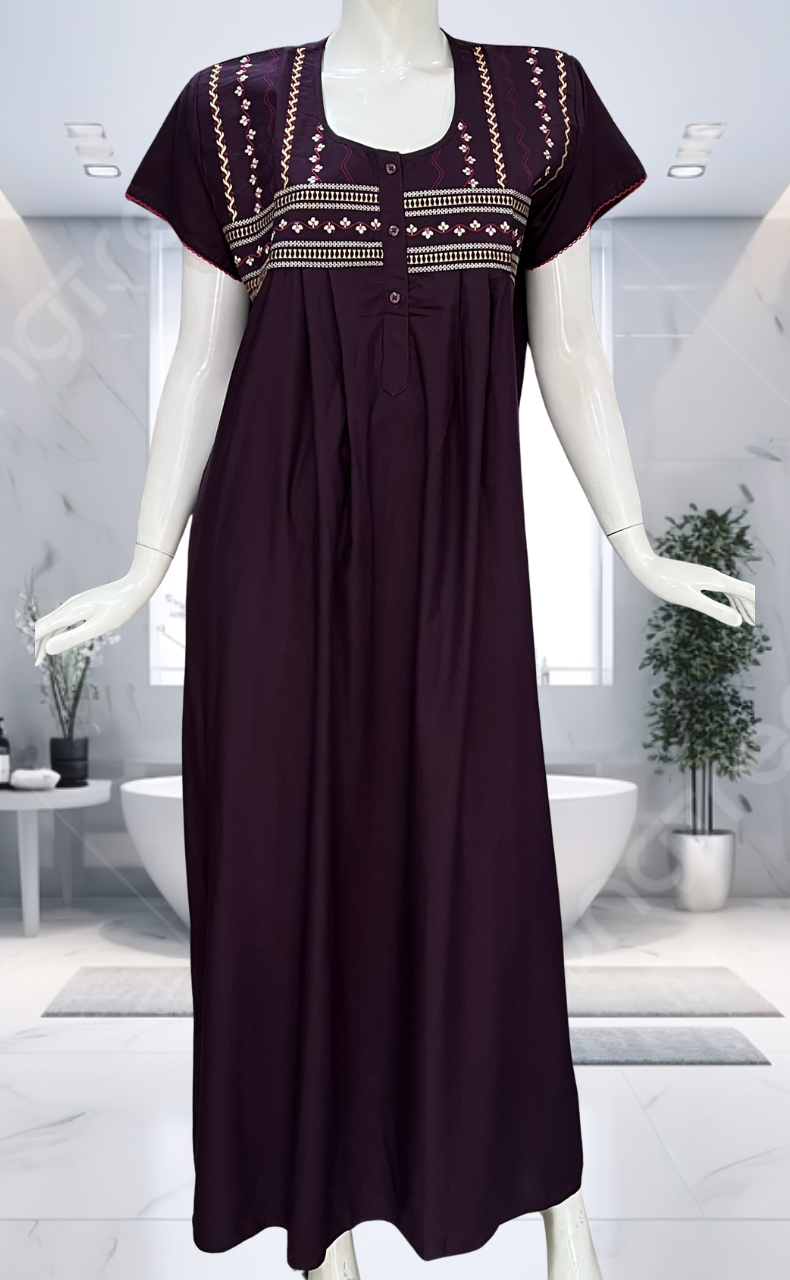 Violet Embroidery Soft Cotton Nighty. Soft Breathable Fabric | Laces and Frills